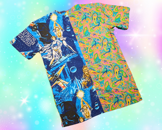 Handmade, Upcycled Star Wars Bedsheet + Groovy 1960's Fabric T-Shirt Dress Fits S-M