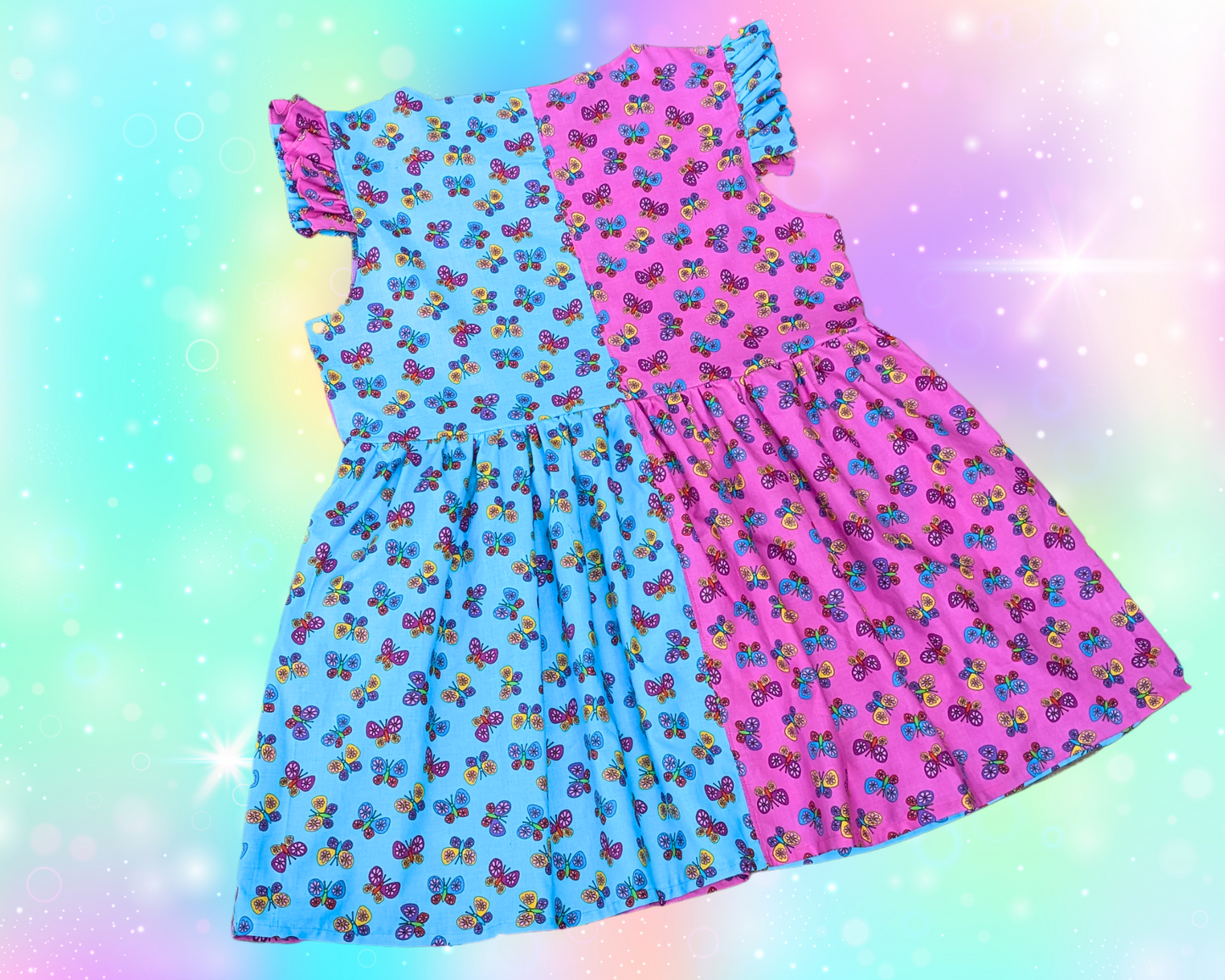 Handmade, Upcycled Vintage 1990's Blue and Pink Butterfly Patterned Dress Size XL