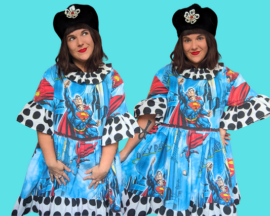 Robe Superman vintage des années 1990, fabriquée à la main et recyclée, taille S à XL.