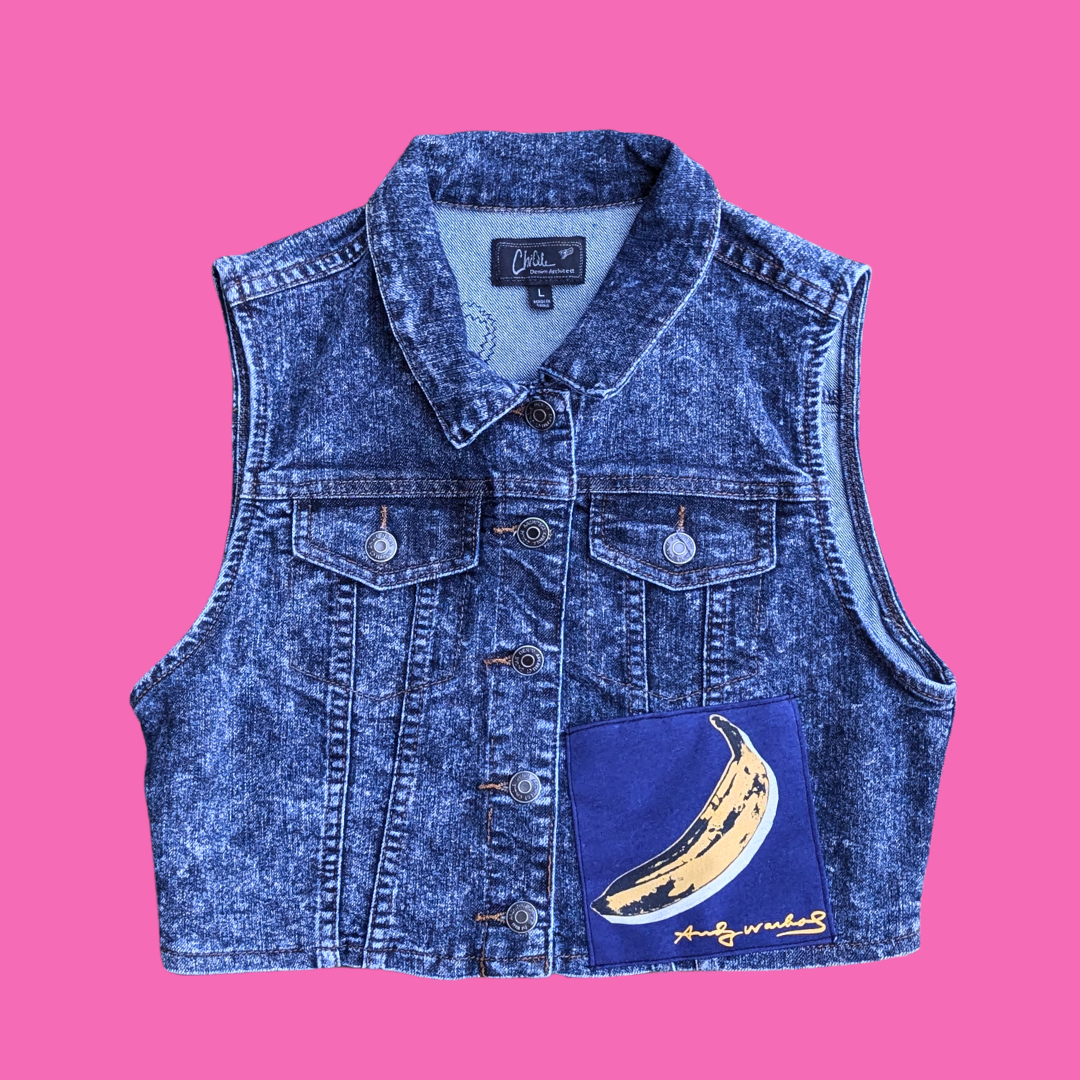Andy Warhol Upcycled T-Shirt Sleeveless Denim Jacket Size L (Smaller Fit)