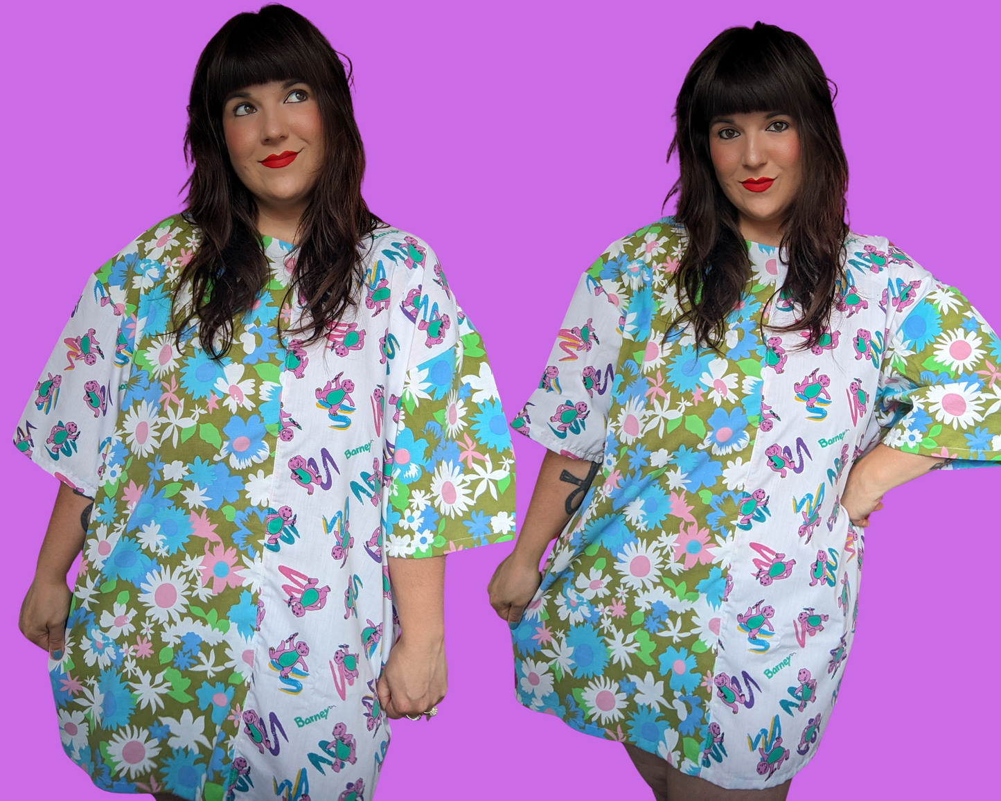 Handmade, Upcycled Barney Bedsheet + Vintage 1960's Floral Bedsheet T-Shirt Dress Fits an Oversized XL or Fitted 2XL