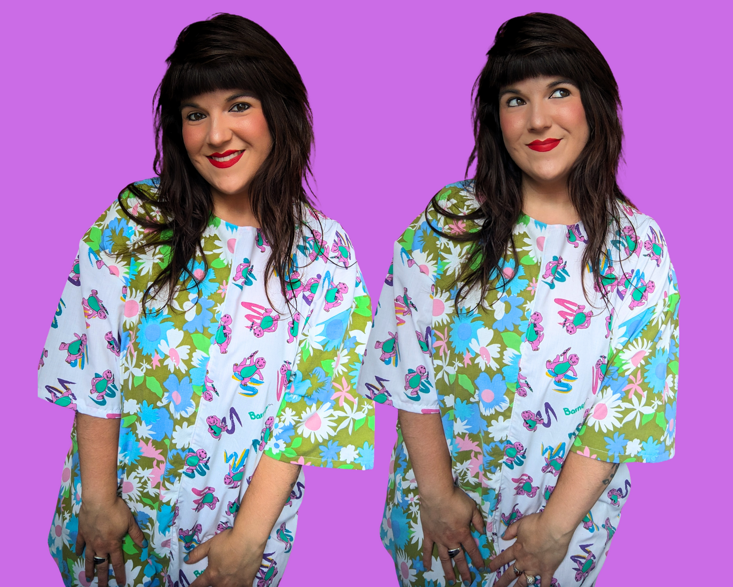 Handmade, Upcycled Barney Bedsheet + Vintage 1960's Floral Bedsheet T-Shirt Dress Fits an Oversized XL or Fitted 2XL