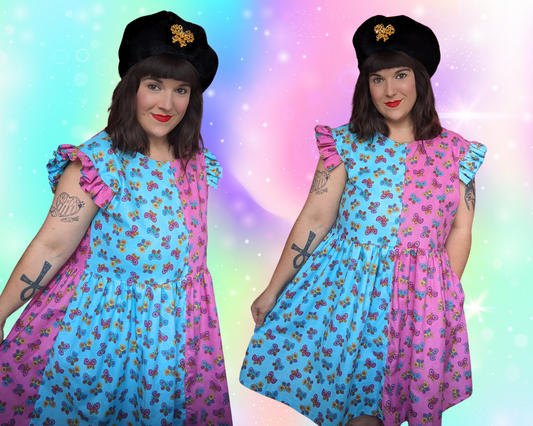 Handmade, Upcycled Vintage 1990's Blue and Pink Butterfly Patterned Dress Size XL