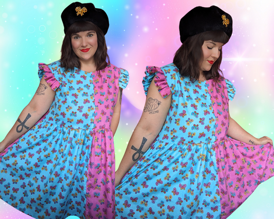 Handmade, Upcycled Vintage 1990's Blue and Pink Butterfly Patterned Dress Size XL