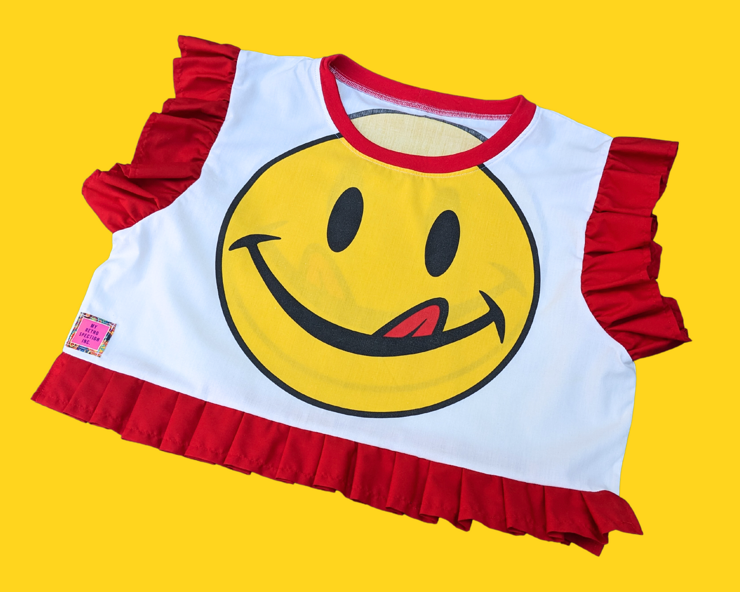Handmade, Upcycled Vintage 1990's Smiley Face Crop Top Oversized XS - Fits Like A Size M