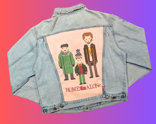 Handmade, Upcycled Home Alone Denim Jacket Size L