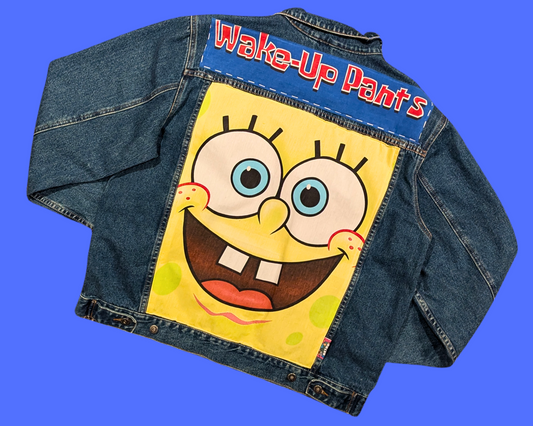 Handmade, Upcycled Sponge Bob Square Pants Pillow Case Denim Jacket Size XL