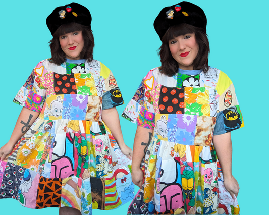 Robe t-shirt patchwork recyclée et faite main, surdimensionnée, taille S, ajustée, L-XL