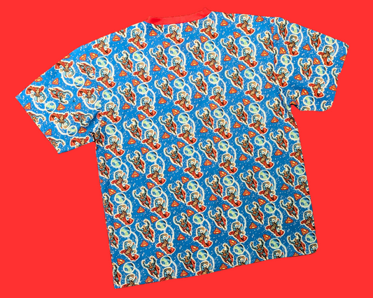 T-shirt en tissu recyclé à motif de bandes dessinées Superman, fait main, taille M