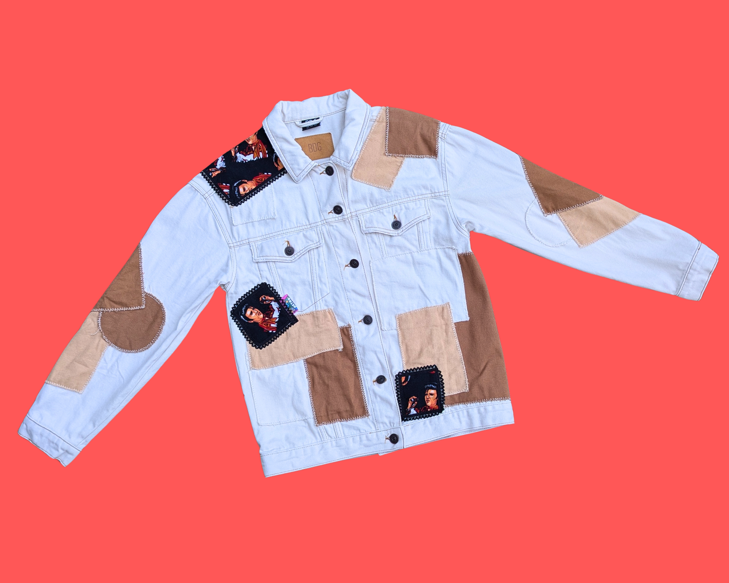 Veste en jean patchwork Elvis Presley beige et marron, faite à la main et recyclée, taille XS (convient plutôt à une taille L)