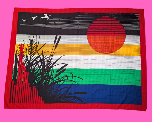 Magnifique écharpe décorative rétro vintage des années 1990, grand format, motif coucher de soleil, fabriquée en Italie