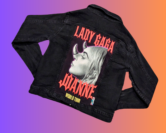 Veste en jean noire faite à la main et recyclée Lady Gaga, Joanne World Tour, taille S