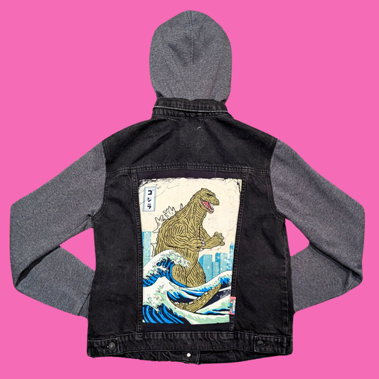Godzilla/The Great Wave off Kanagawa Upcycled Denim, Hoodie Jacket Size M for Men