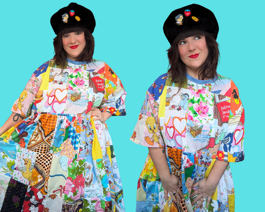 Robe t-shirt patchwork recyclée et faite main, surdimensionnée XL, ajustée 2XL