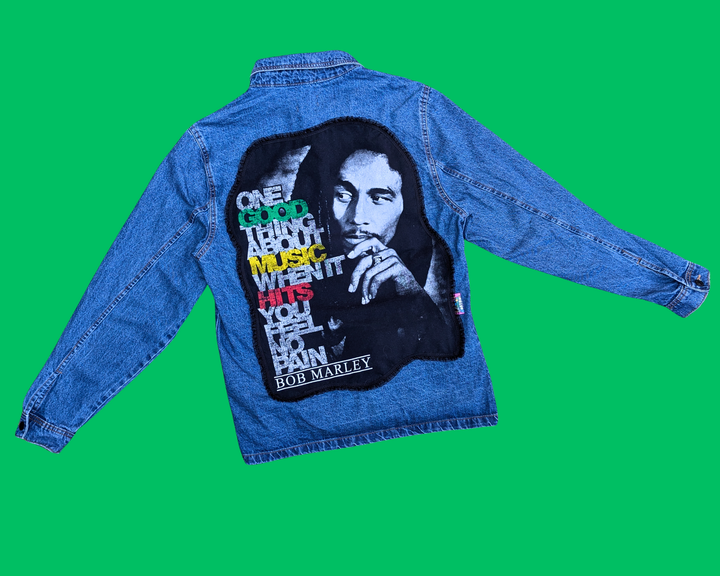 Handmade, Upcycled Bob Marley Denim Jacket Size M