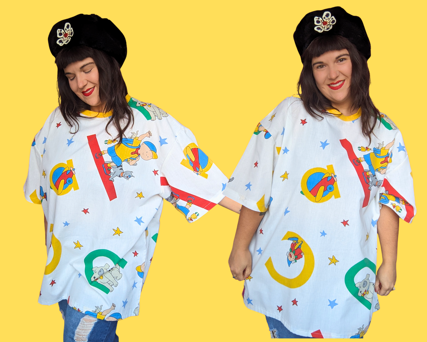 Handmade, Upcycled Caillou Bedsheet T-Shirt Oversized XL