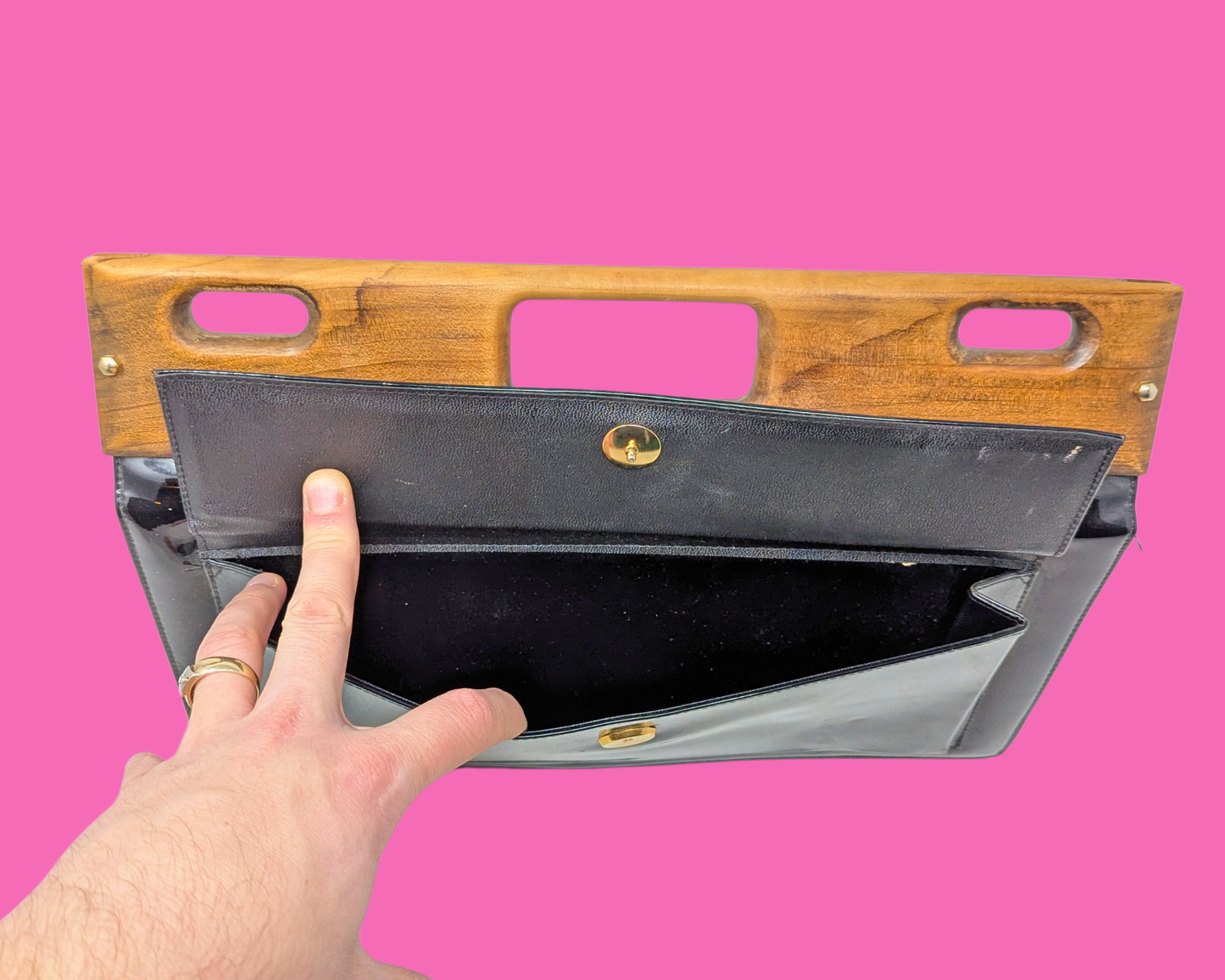 Sac à main vintage en cuir avec poignée en bois par Mastercraff Fabriqué au Canada