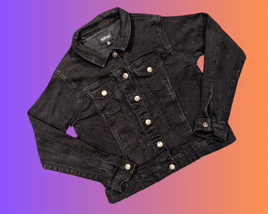 Veste en jean noire faite à la main et recyclée Lady Gaga, Joanne World Tour, taille S