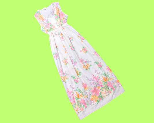 Robe longue ou chemise de nuit Sears vintage des années 1970, sans manches, blanche et fleurie, taille M