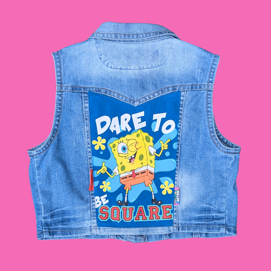 Sponge Bob Square Pants Upcycled T-Shirt Sleeveless Denim Jacket Size L (smaller fit)