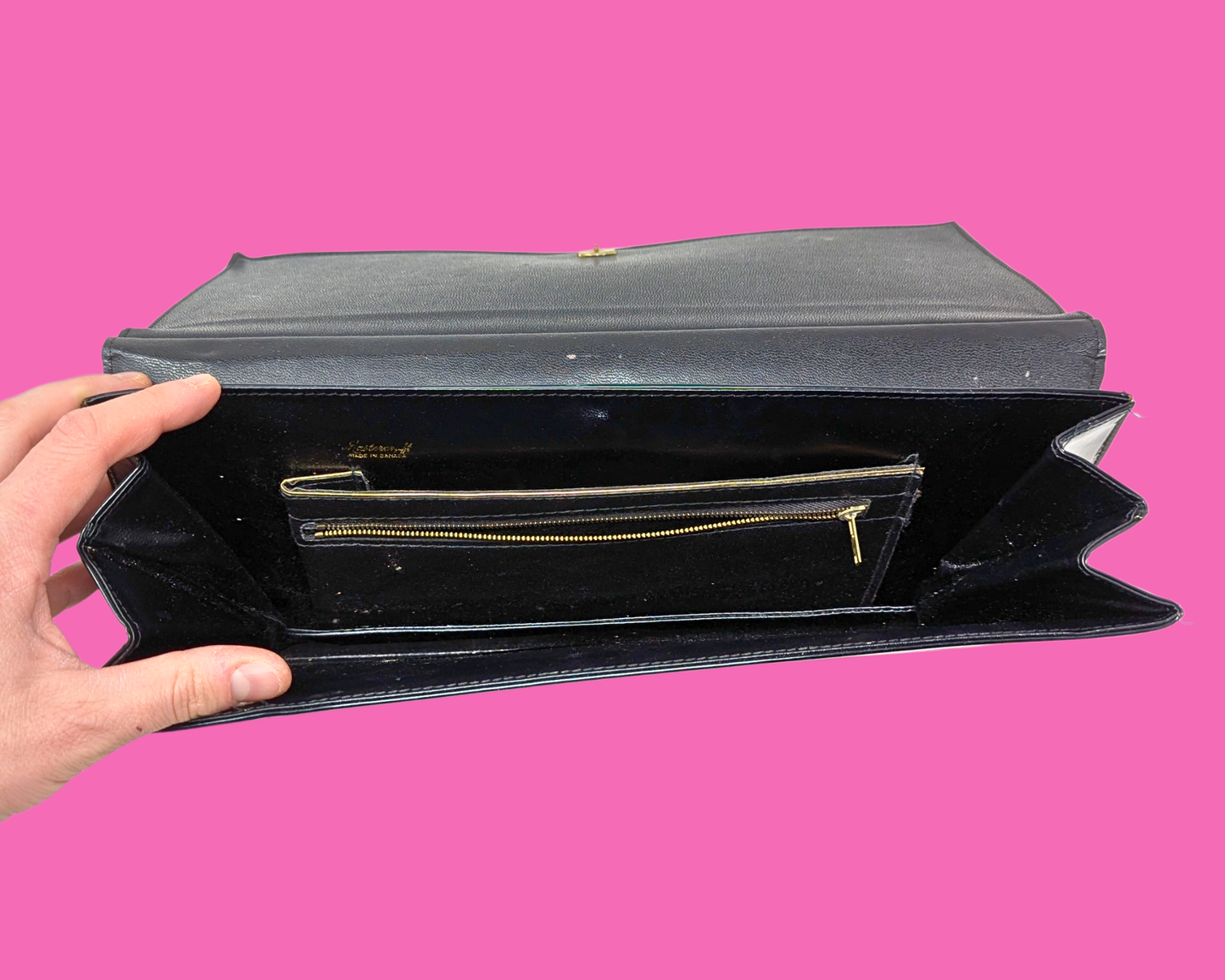 Sac à main vintage en cuir avec poignée en bois par Mastercraff Fabriqué au Canada
