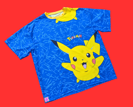T-shirt bleu Pokémon Pikachu surdimensionné XL, fait main et recyclé