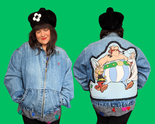 Veste en jean Ralph Lauren faite à la main et recyclée, rafistolée avec une taie d'oreiller Astérix & Obélix RARE, taille XL
