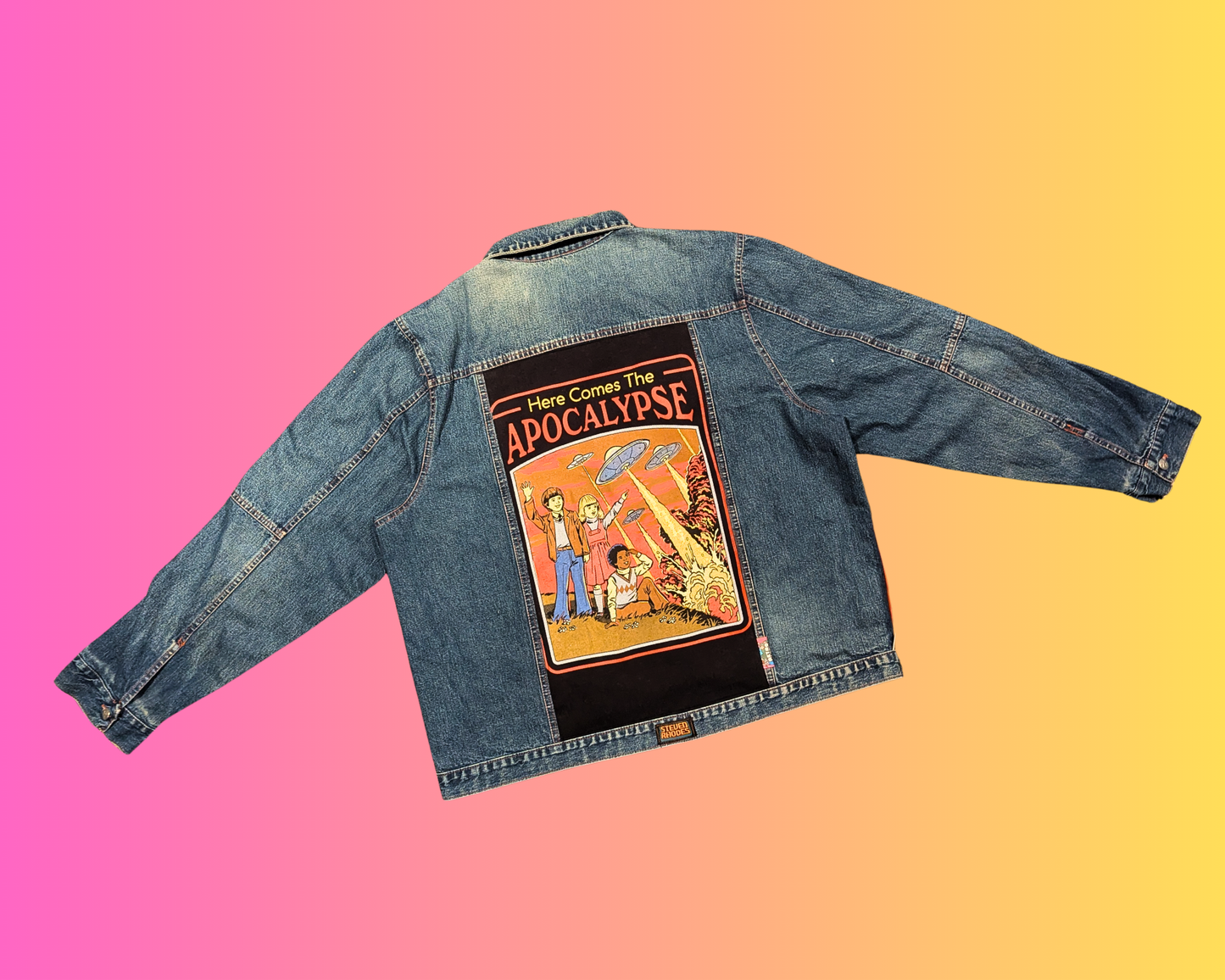 Handmade, Upcycled ''Here Comes The Apocalypse'' Steven Rhodes Denim Jacket Size XL