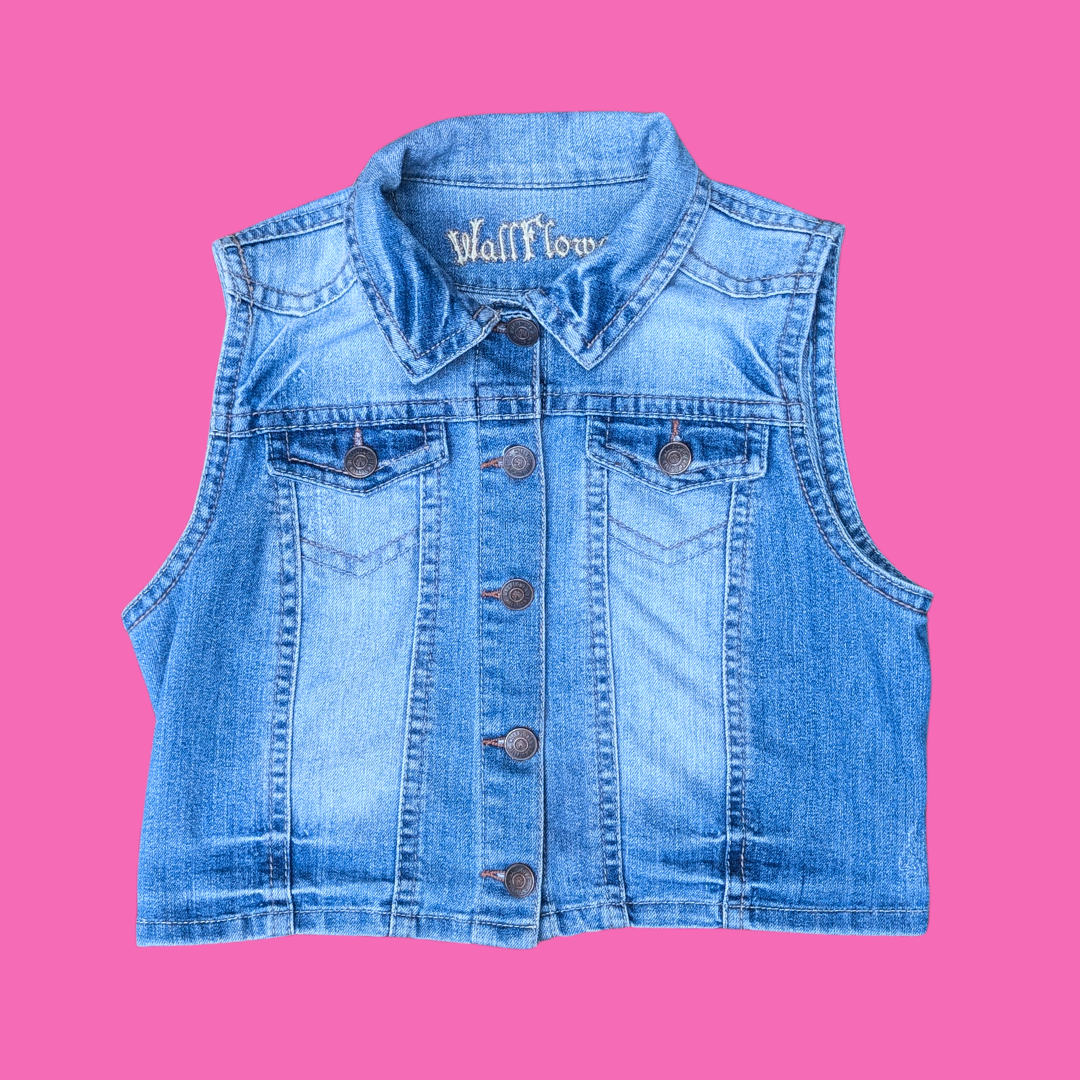 Sponge Bob Square Pants Upcycled T-Shirt Sleeveless Denim Jacket Size L (smaller fit)