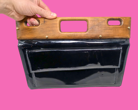 Sac à main vintage en cuir avec poignée en bois par Mastercraff Fabriqué au Canada