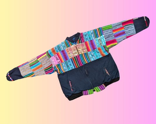 Blouson aviateur vintage patchwork Guatemala des années 1990, taille XL