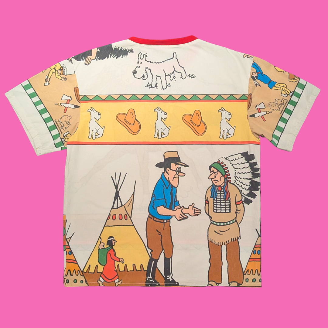 Handmade, Upcycled Tintin Bedsheet T-Shirt Oversized S-M, Fitted L-XL