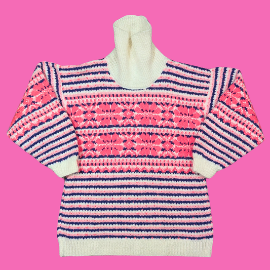 Vintage 1980's Knit, Pink and Purple, Sweater/Turtleneck Size L