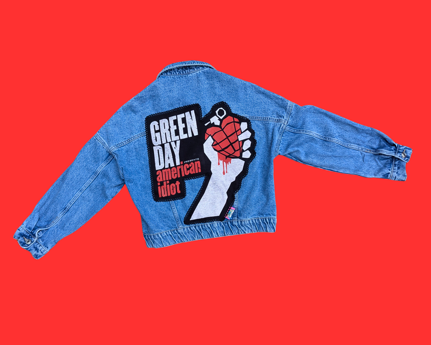 Veste en jean American Idiot, faite main et recyclée, taille S