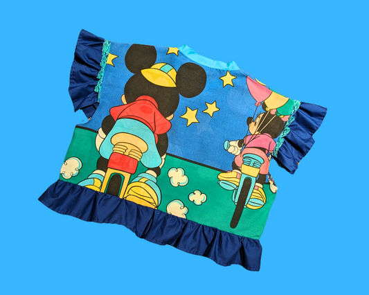 Handmade, Upcycled Disney Mickey and Minnie on Bicycles Pillowcase Crop Top Oversized S-M, Fitted L-XL