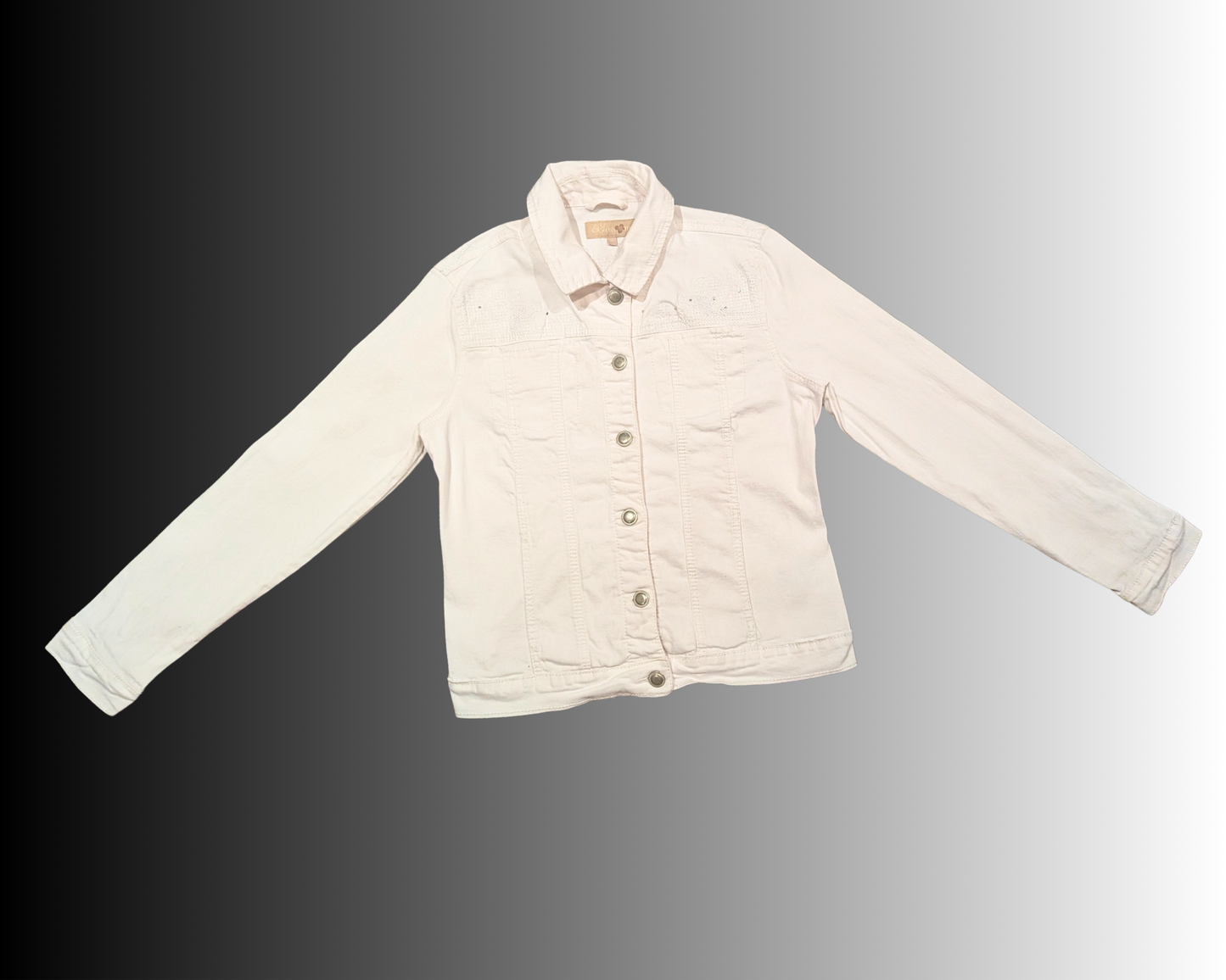 Veste en jean blanche Jack & Sally de L'Étrange Noël de Monsieur Jack, fabriquée à la main et recyclée, taille XL mais taille plus petit