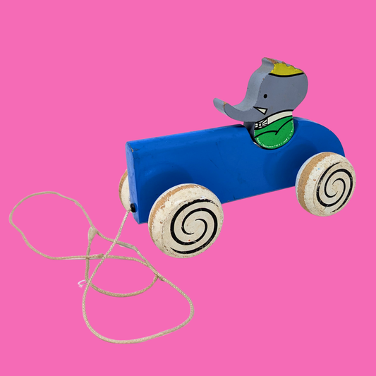 Jouet Babar à roulettes en bois vintage des années 1990, fabriqué en France