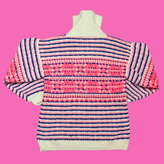 Vintage 1980's Knit, Pink and Purple, Sweater/Turtleneck Size L