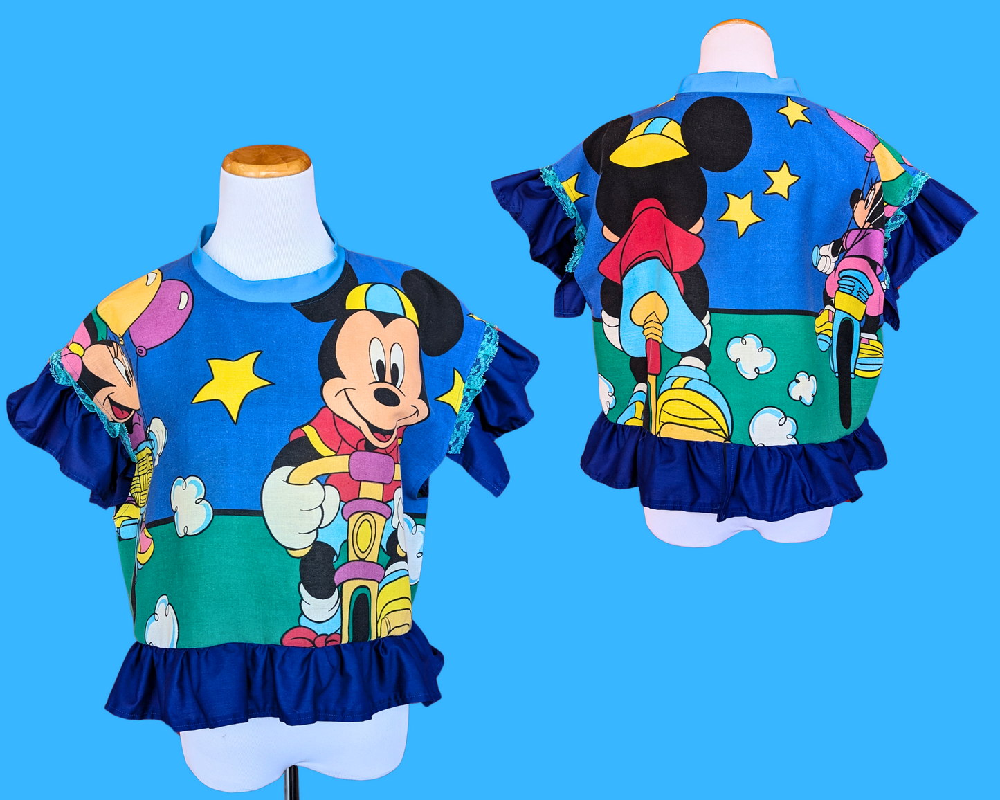 Handmade, Upcycled Disney Mickey and Minnie on Bicycles Pillowcase Crop Top Oversized S-M, Fitted L-XL