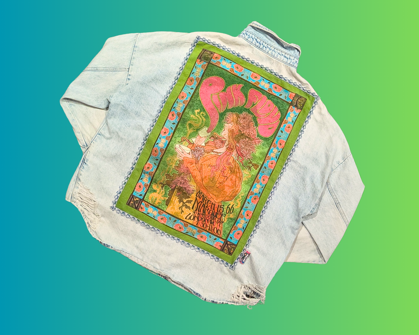 Handmade, Upcycled Pink Floyd 1966 Denim Jacket Size XL