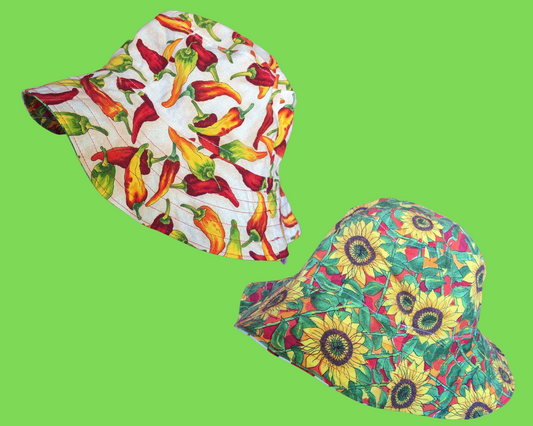 Chilli Peppers and Sunflowers Reversible Bucket Hats For Adults Made from Vintage, Upcycled Chilli Peppers and Sunflowers Placemat