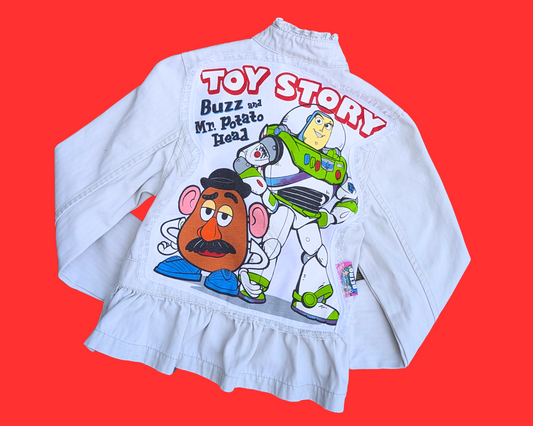 Veste en jean beige Toy Story faite main et recyclée, taille XS, pour fille