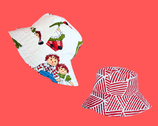 Chapeau bob réversible en tissu Raggedy Ann vintage fait main des années 1980