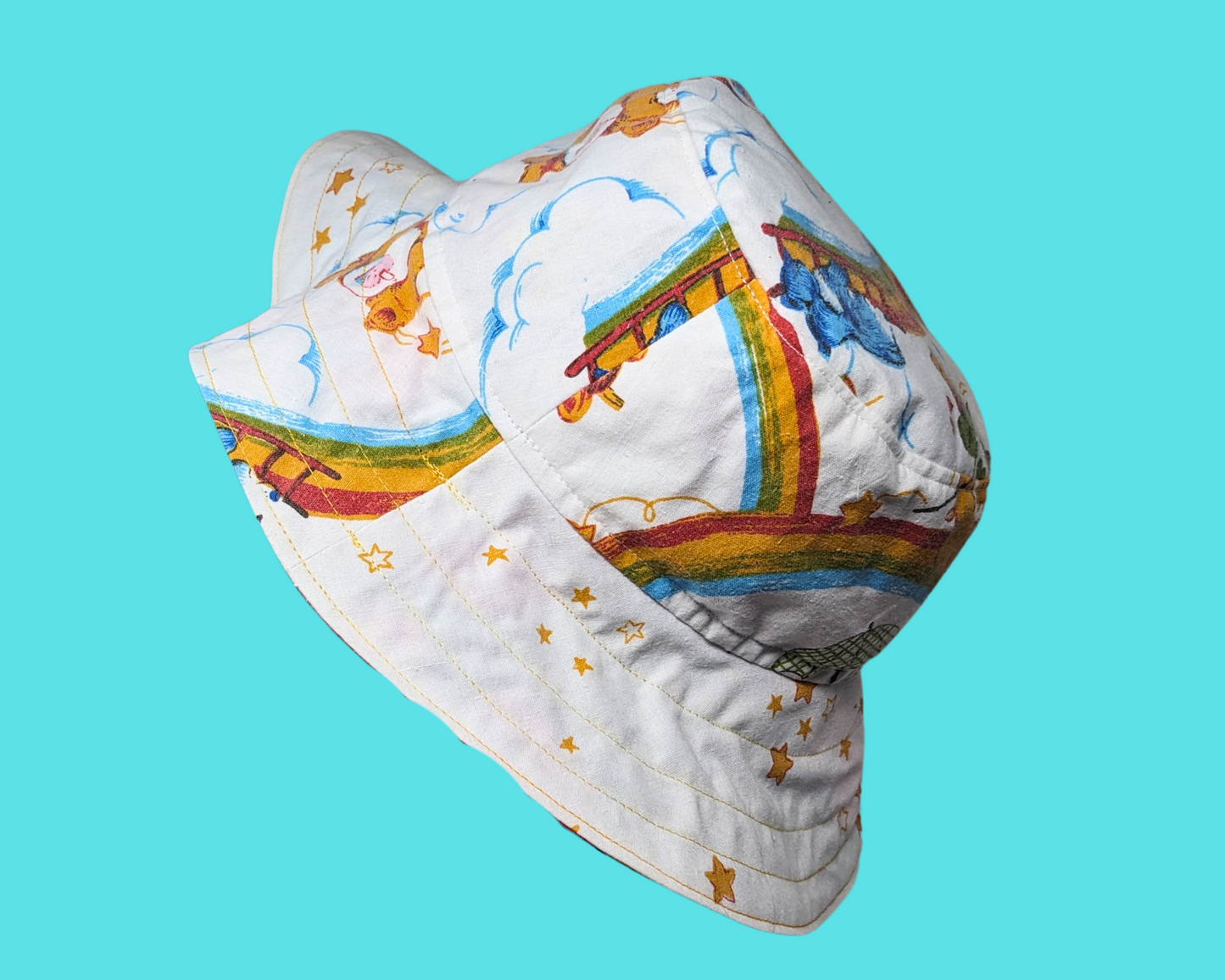 Handmade and Upcycled Vintage 1980's Carebears Bedsheet Reversible Bucket Hat