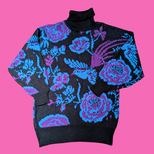 Blue Floral Design Knit Sweater Size S