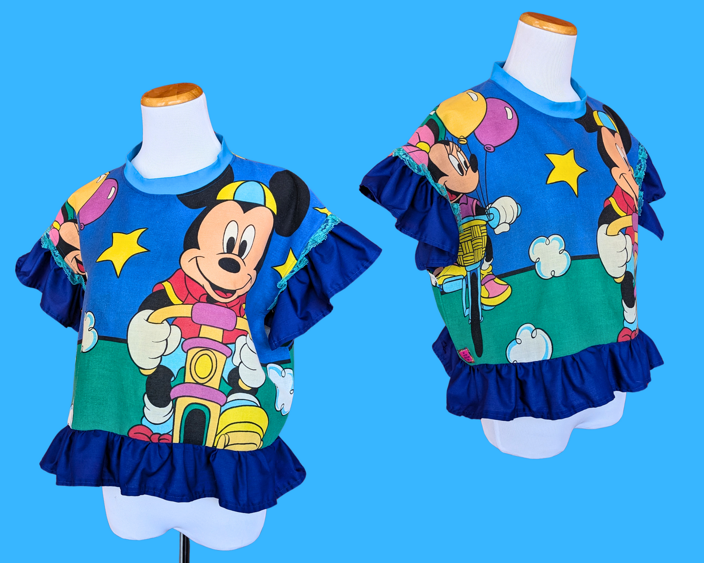 Handmade, Upcycled Disney Mickey and Minnie on Bicycles Pillowcase Crop Top Oversized S-M, Fitted L-XL