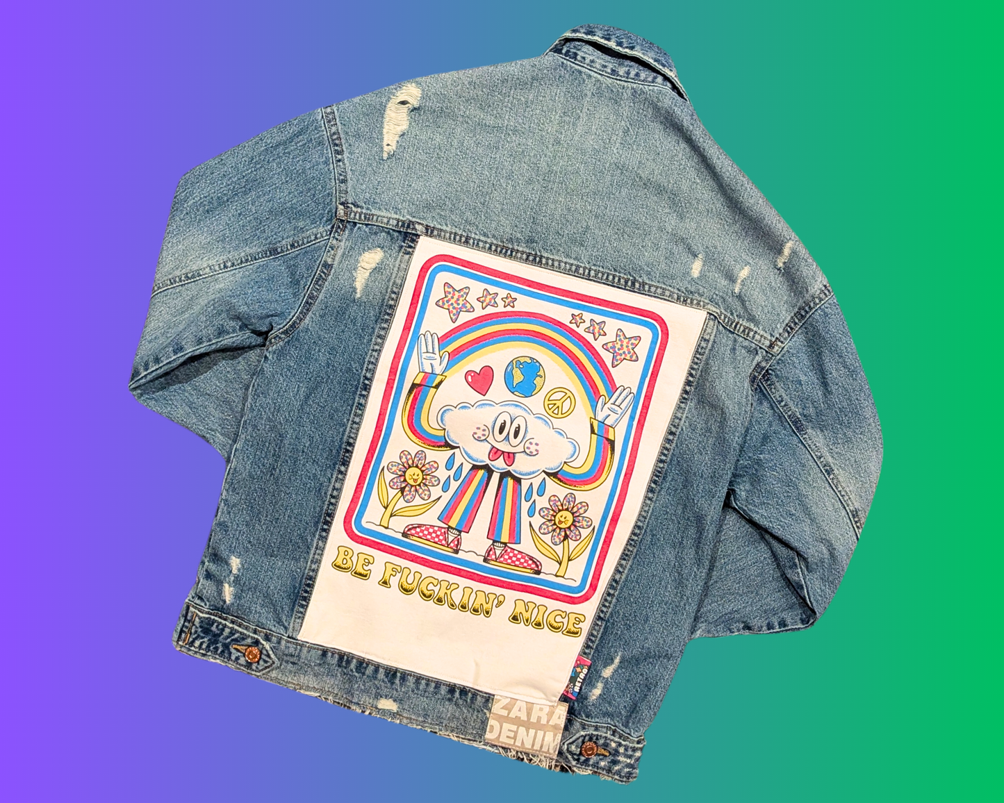 Handmade, Upcycled Be Fuckin' Nice Denim Jacket Size XS