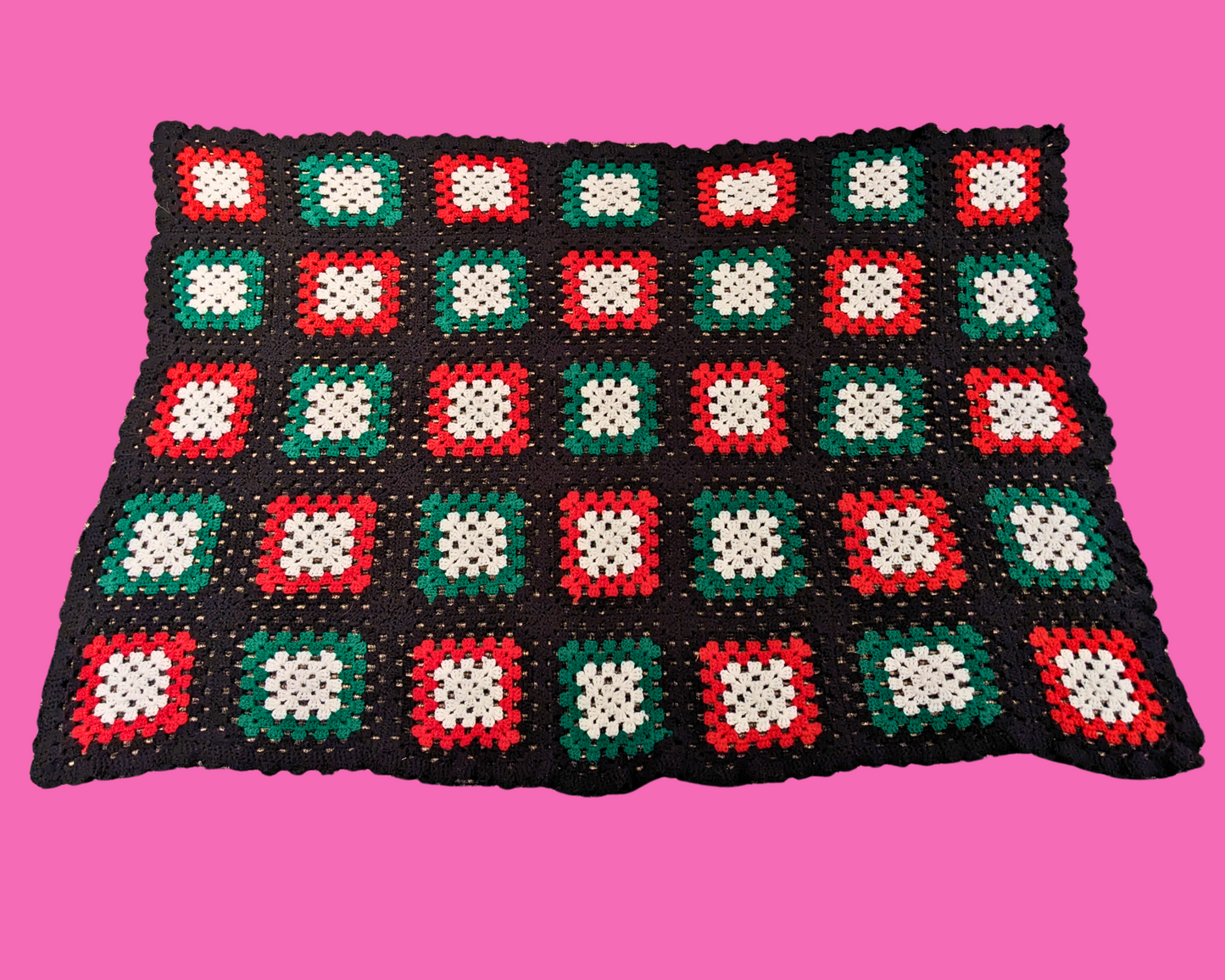 Vintage 1980's Black, White, Green and Red Wool Crochet Blanket