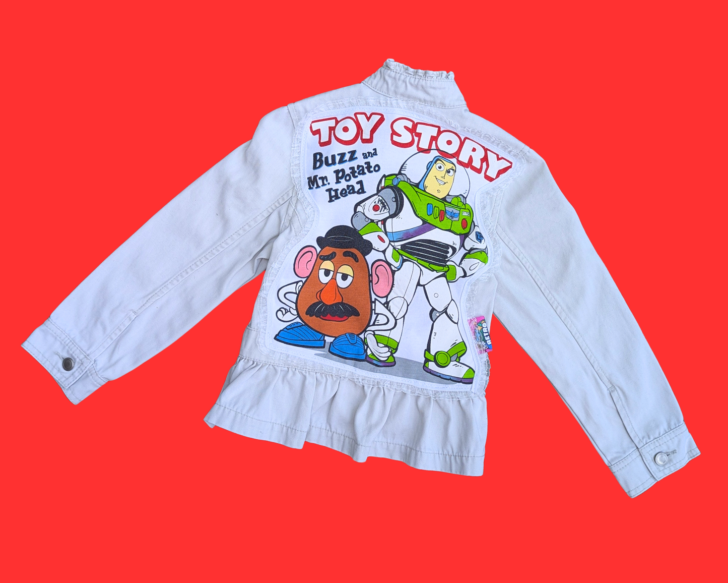 Handmade, Upcycled Toy Story Beige Denim Jacket Size XS for Girls