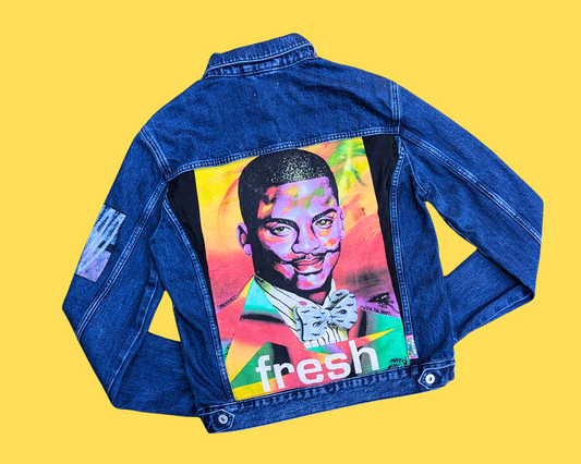 Veste en jean Carlton Banks, Le Prince de Bel Air, faite à la main et recyclée, taille M